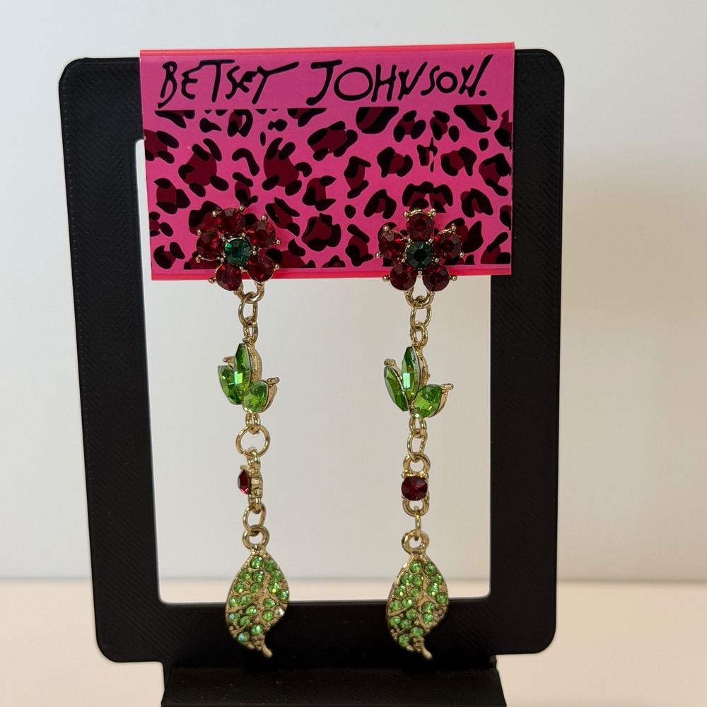 Betsey Johnson Flower Leaf Dangle Earrings Green Red Rhinestone Gold Tone